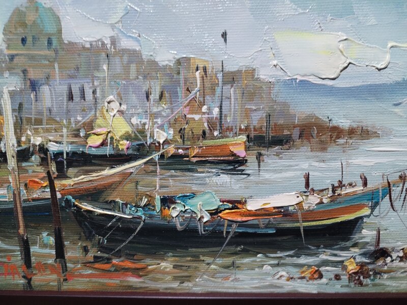Tablou peisaj mediteranean, pictat pe panza, semnat autor roman