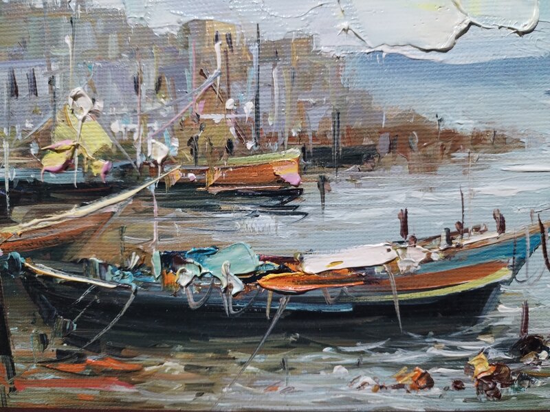 Tablou peisaj mediteranean, pictat pe panza, semnat autor roman