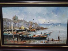 Tablou peisaj mediteranean, pictat pe panza, semnat autor roman