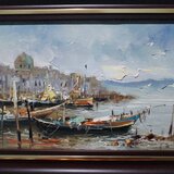 Tablou peisaj mediteranean, pictat pe panza, semnat autor roman